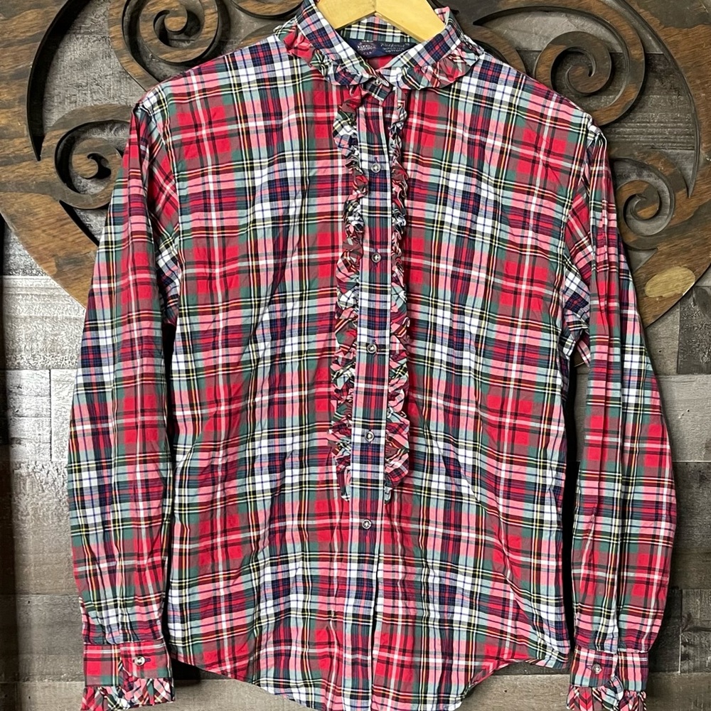 Plaid Ruffle Blouse Sz 10 Vintage Red Green Preppy Academia 1980s Chic